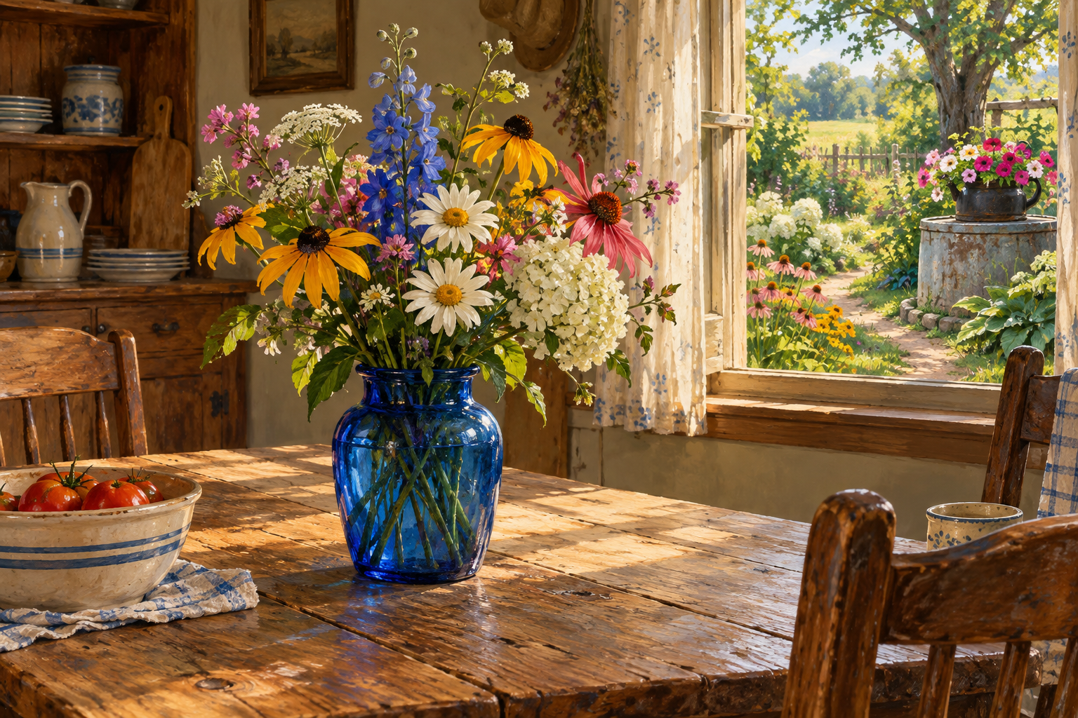 A blue vase filled with summer flowers