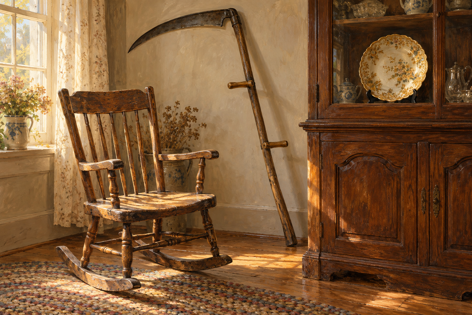 Illustration of the rocking chair, scythe, and treasured plate that hold family memories.
