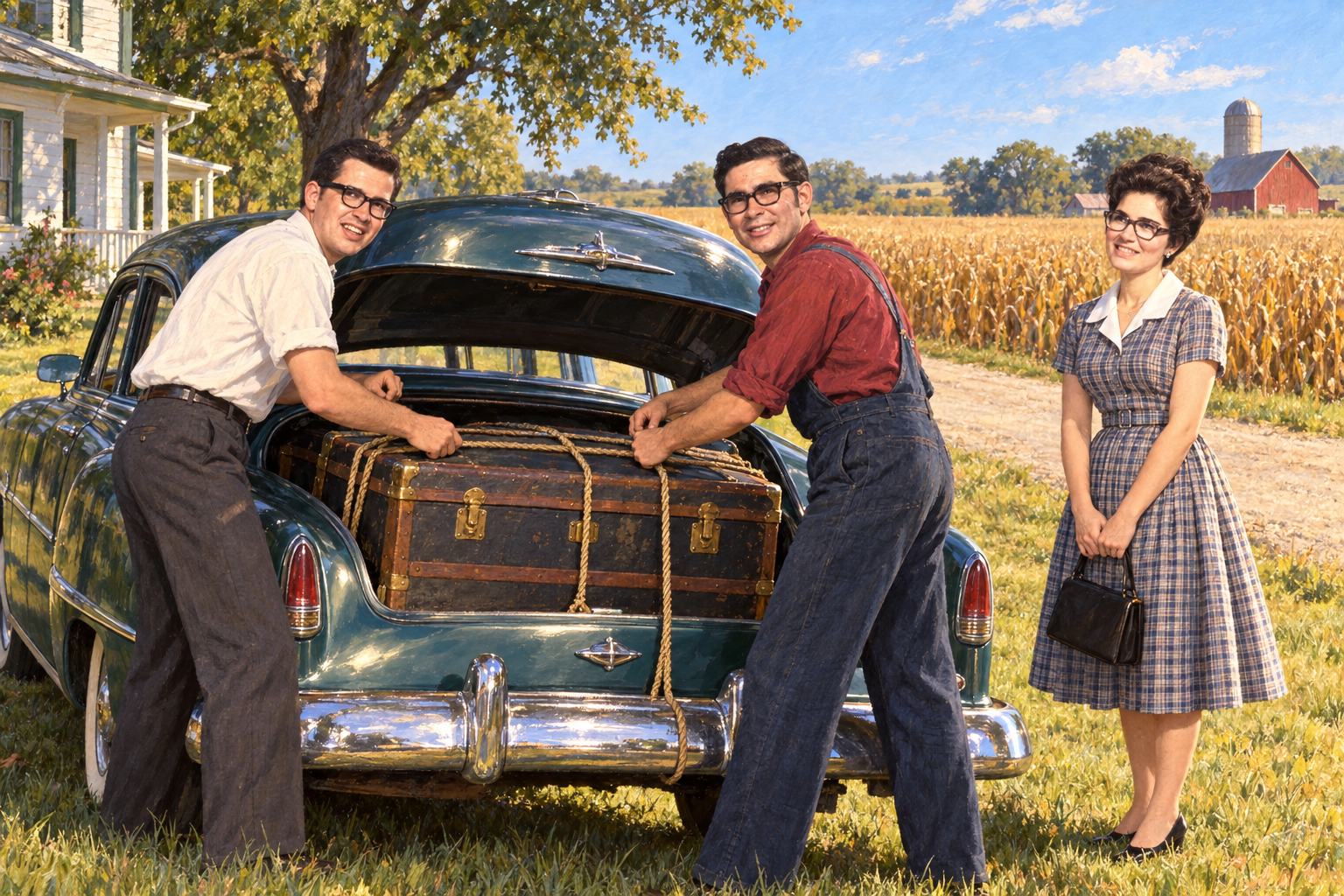 Illustration of Don and John securing Margaret’s trunk in the Oldsmobile before her departure.