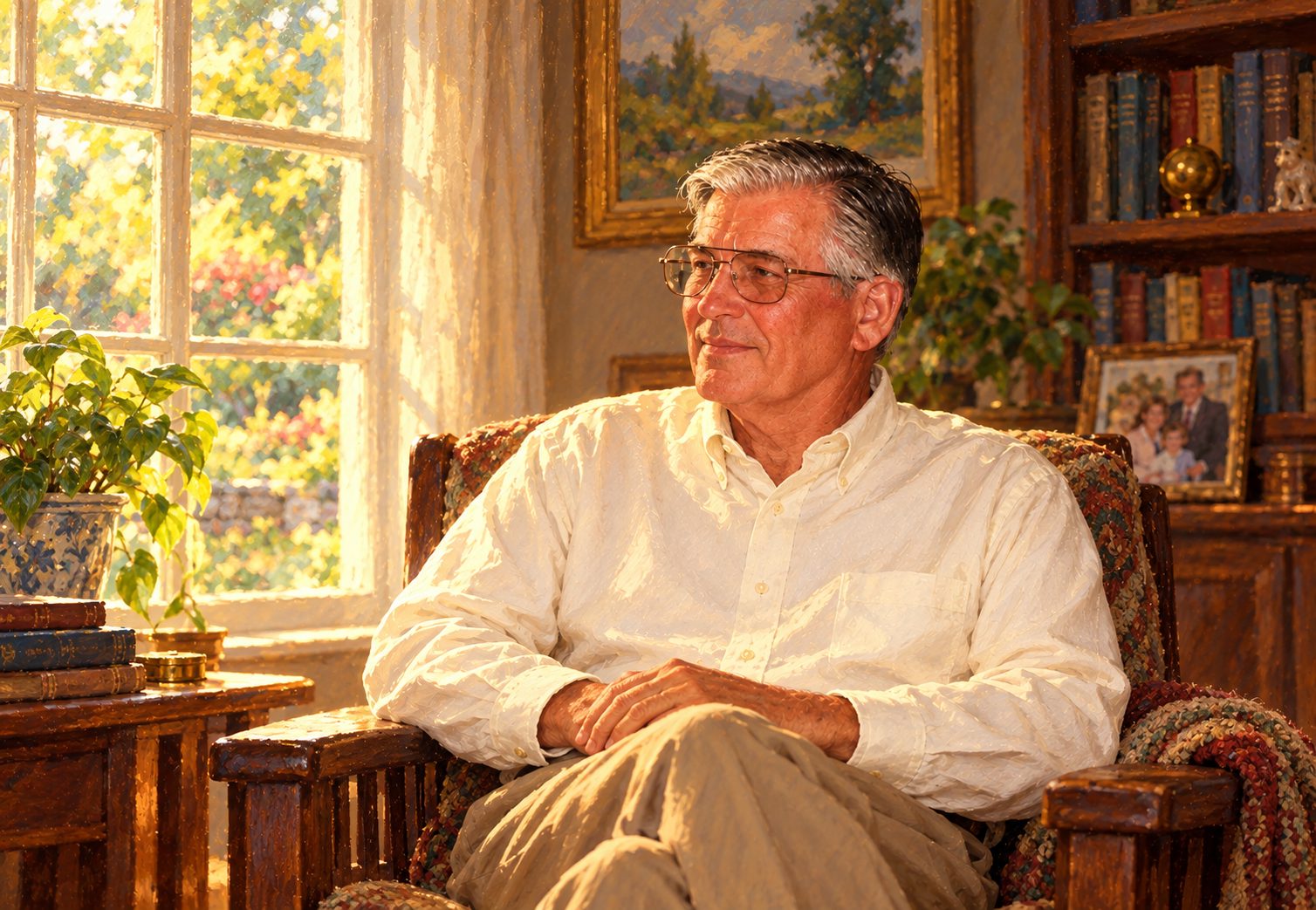 Don reflecting beside a sunlit window