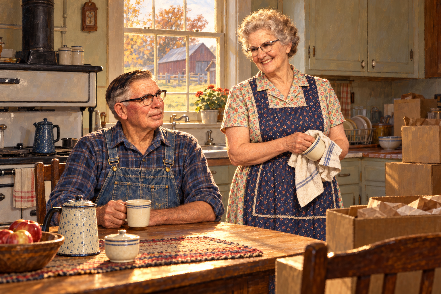 Mom and Dad talking in the farmhouse kitchen