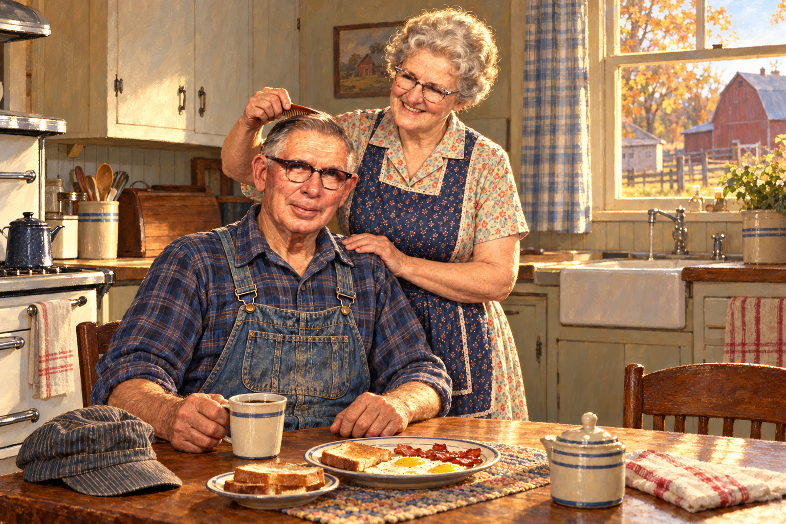 Illustration of Mom gently combing Dad’s hair before breakfast.