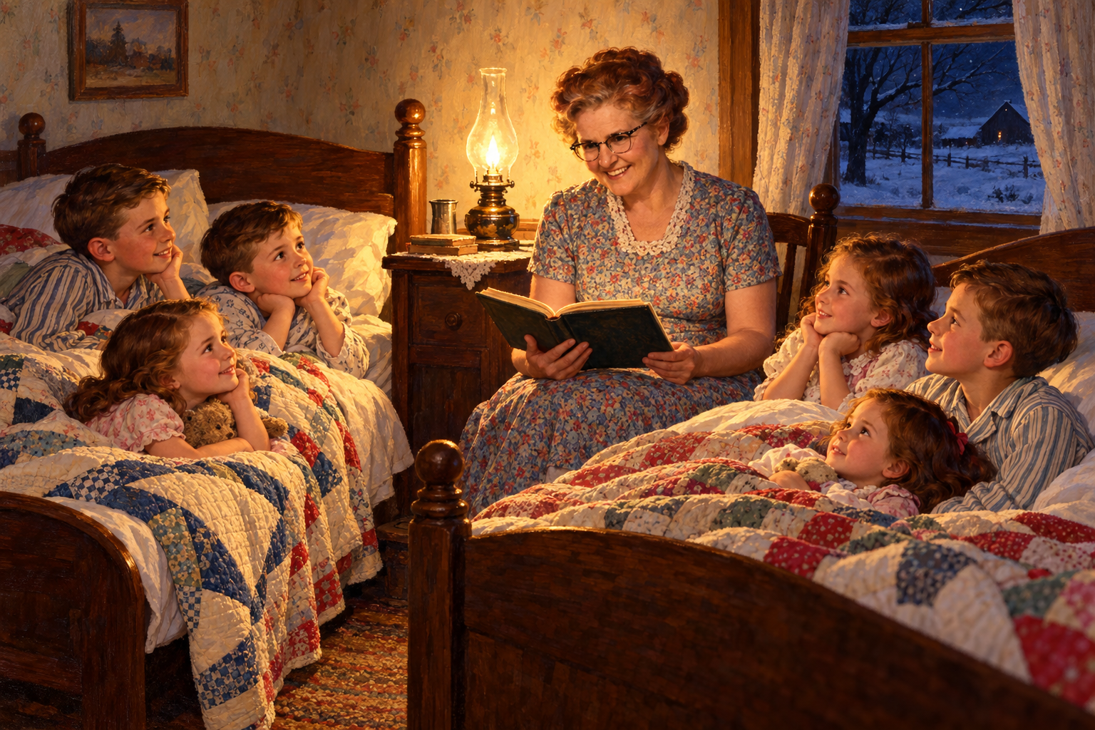 Mom reading to her children by lamplight