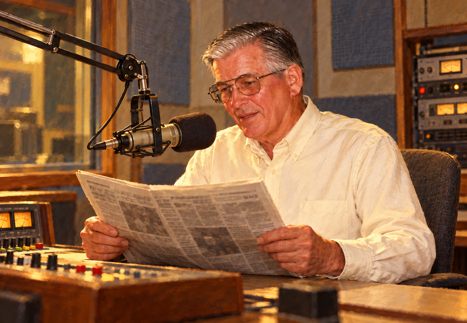 Illustration of Don reading aloud as a public radio volunteer.