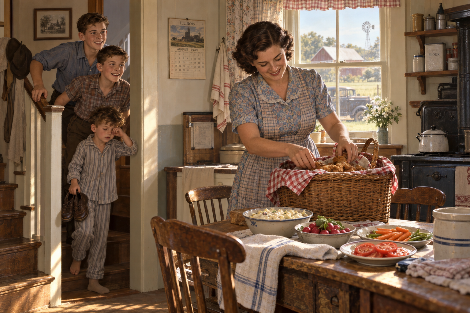 Illustration of Mom preparing the picnic as the boys get ready for their day at the fair.