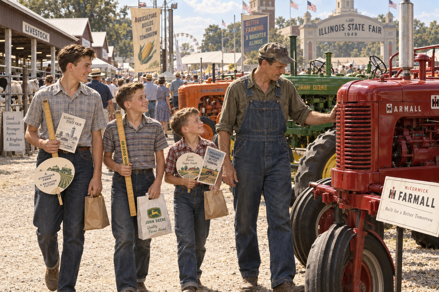 Illustration of Dad and the boys exploring the machinery displays and collecting souvenirs.