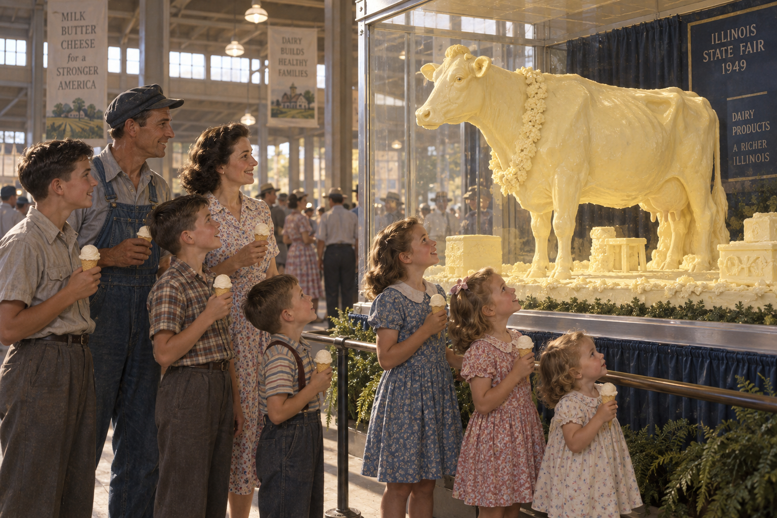 Illustration of the family enjoying ice cream beside the butter cow in the dairy products building.