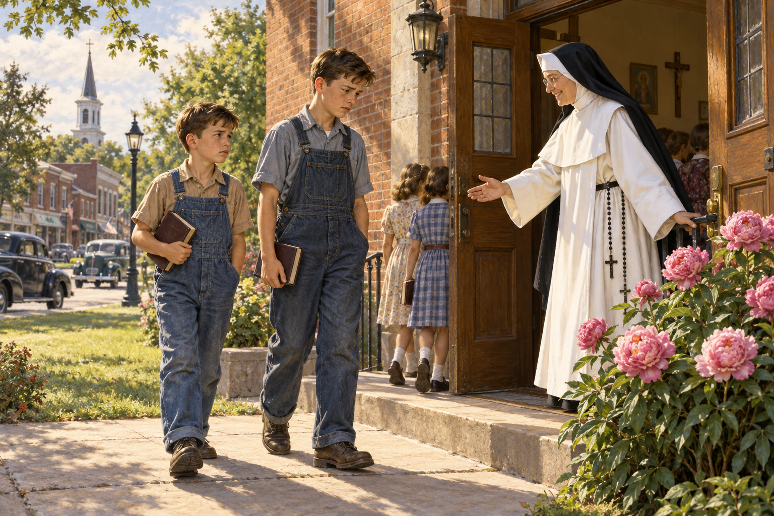 Illustration of Don and John arriving at Bible school