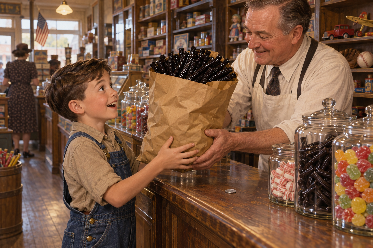 Illustration of Don buying an unexpectedly large bag of licorice.