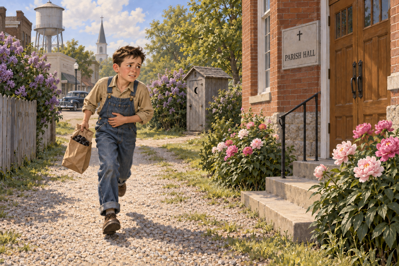 Illustration of Don hurrying toward the parish hall as his predicament grows.