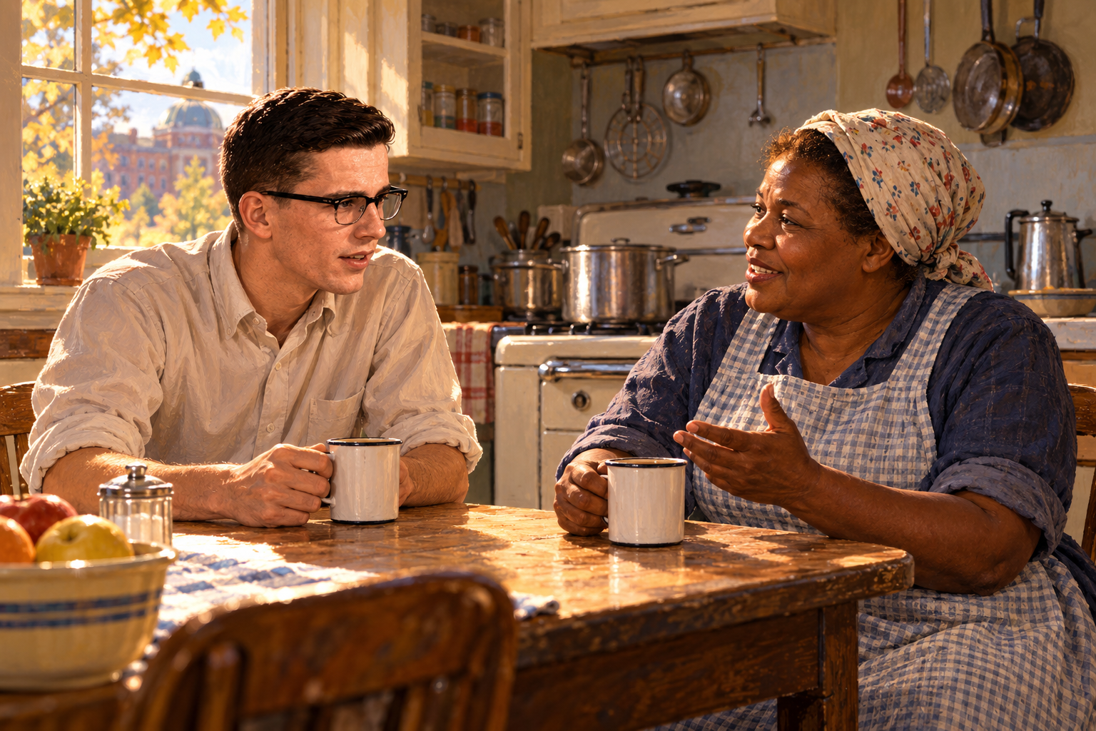 Illustration of Georgia and Don sharing coffee before the kitchen’s busy day.