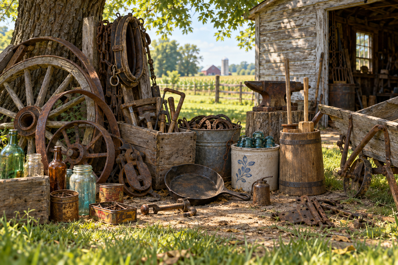 Illustration of the old tools, bottles, blue glass insulators and other treasures in Uncle Loren’s junk pile.