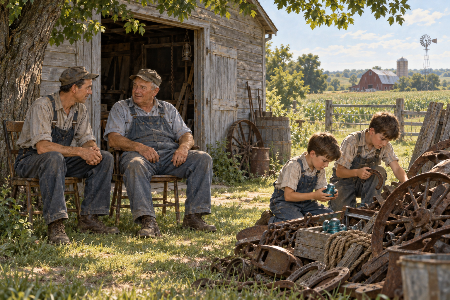 Illustration of Dad and Uncle Loren visiting in the shade while the boys explore.